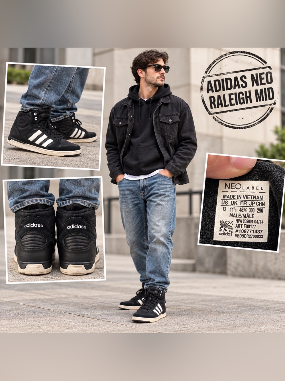 adidas NEO Raleigh Mens 12 Black White High-Top Sneakers F98177